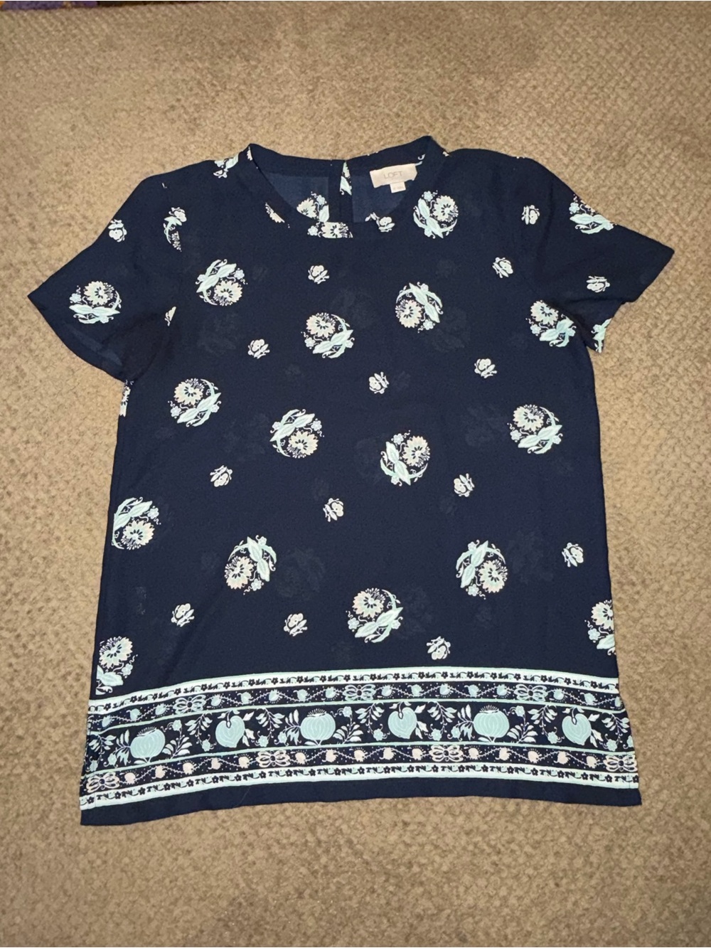 Loft Women’s Navy Blue Botanical Print Short-Sleeve Cottagecore Blouse - XS